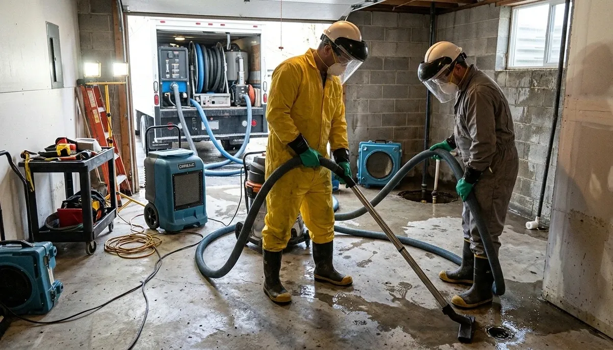 Canton, MI basement flood cleanup team removing water after heavy rain in a flooded home basement