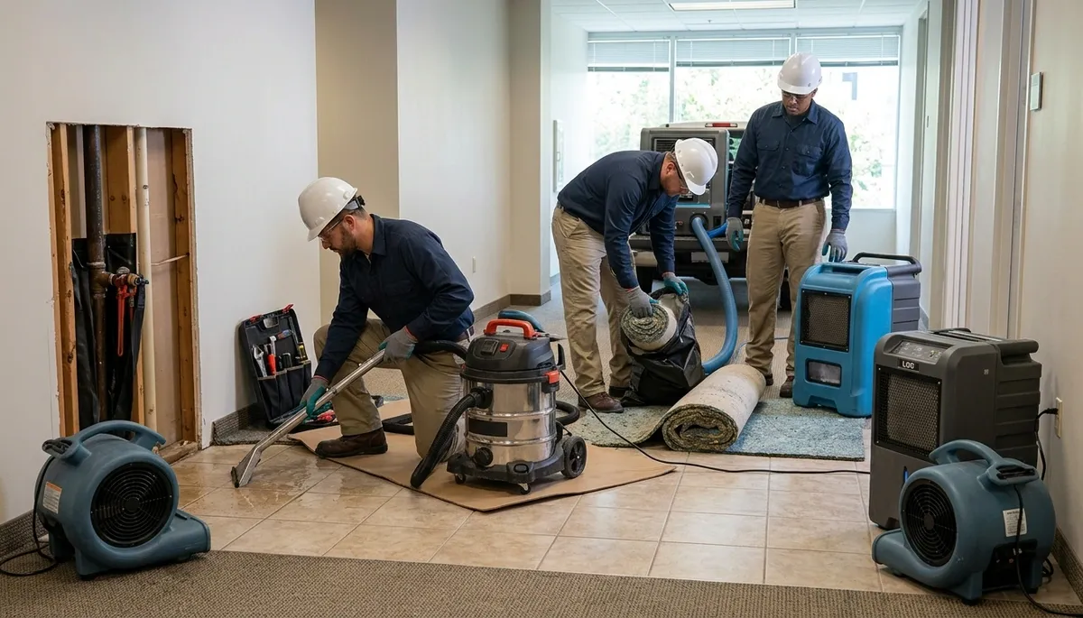 Canton, MI technicians clean up burst pipe water damage with extraction and drying equipment