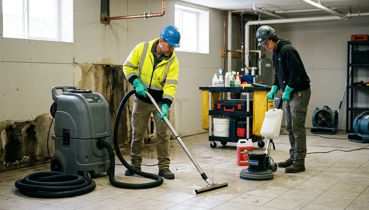 Burst pipe cleanup team removing water in a Canton, MI home after freeze-thaw damage
