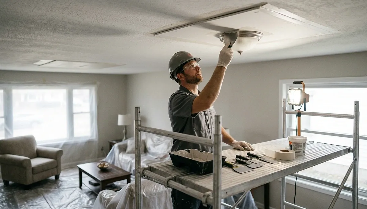 Ceiling water damage repair in Canton, MI home with stains and sagging ceiling panel