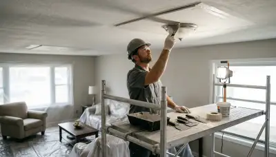 Ceiling water damage repair in Canton, MI home with stains and sagging ceiling panel