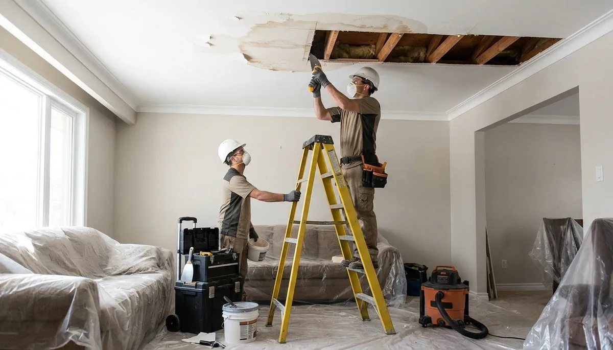 Ceiling water damage repair in Canton, MI home with stains and sagging drywall