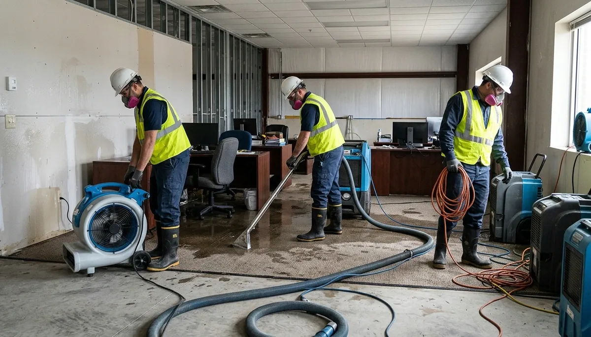 Commercial water damage restoration crew in Canton, MI removing water and drying a business property