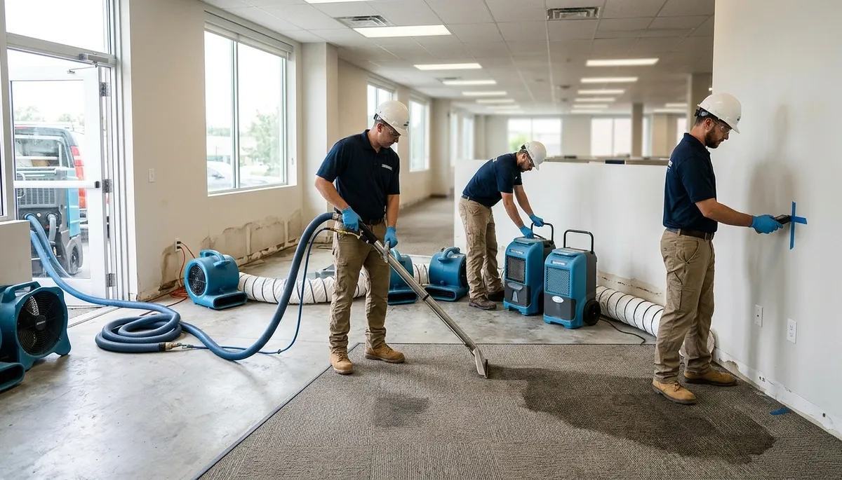 Commercial water damage restoration crew in Canton, MI, removing water and drying a flooded property