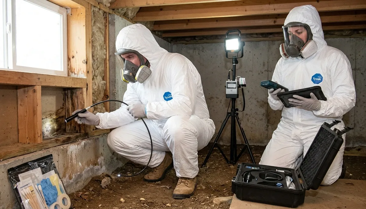 Mold inspection team assessing moisture damage in Canton, MI home for water damage restoration