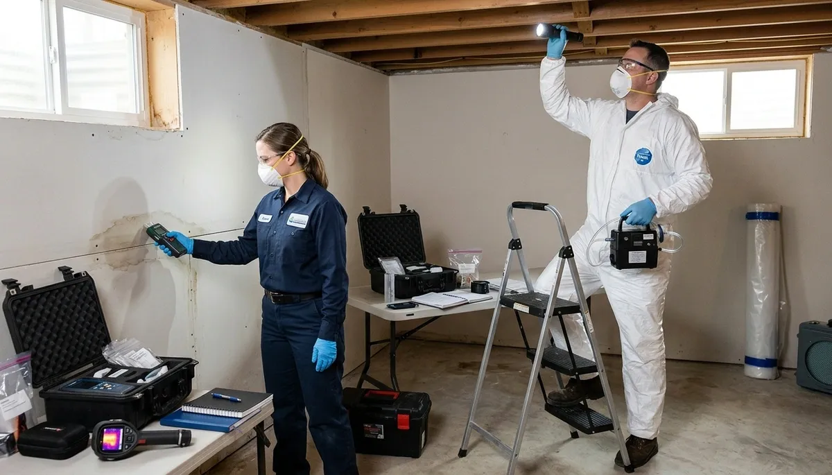 Mold inspection technician in Canton, MI assessing home moisture damage for water restoration services