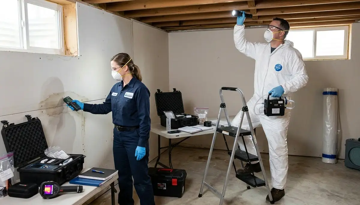 Mold inspection technician in Canton, MI assessing home moisture damage for water restoration services