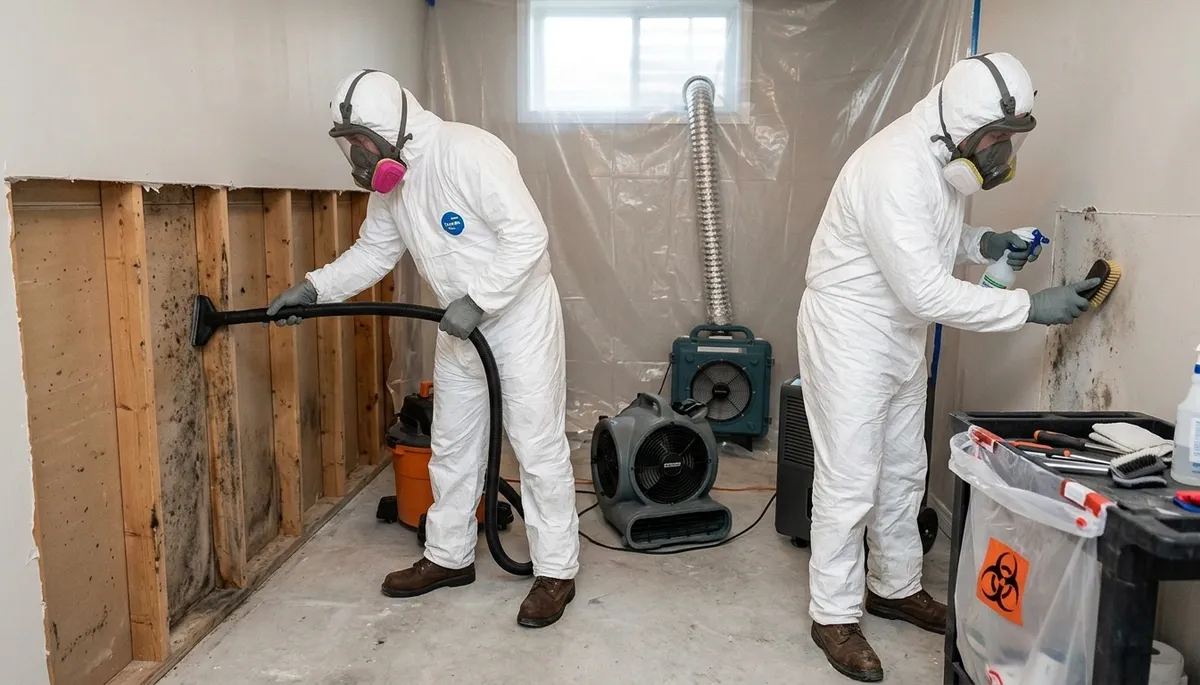 Mold removal technician inspecting water damage in Canton, MI home
