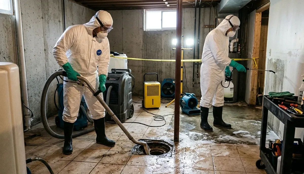 Canton, MI water damage crew cleaning up sewer backup and restoring a flooded home