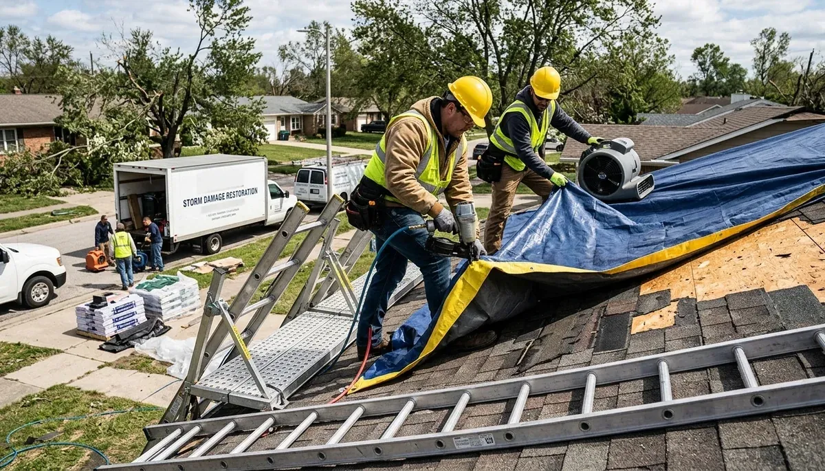 Storm damage restoration crew in Canton, MI repairing water damage after roof leak and flooding