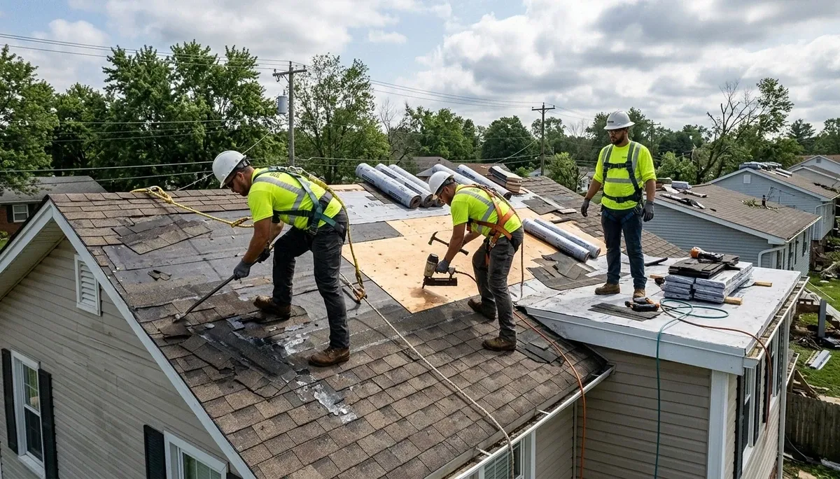 Storm damage restoration team removing water from a Canton, MI home after roof leak flooding