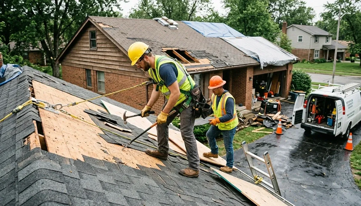 Storm damage restoration team repairing water damage in Canton, MI home