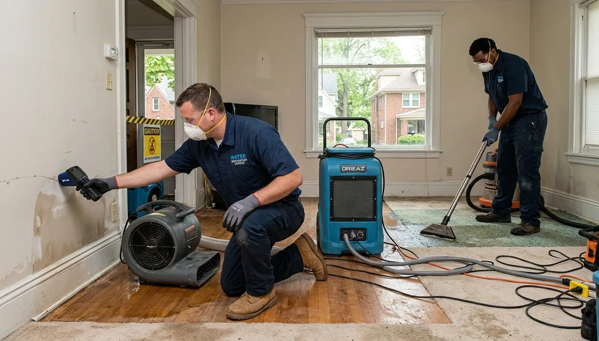 Water damage restoration team in Canton, MI inspecting a flooded property