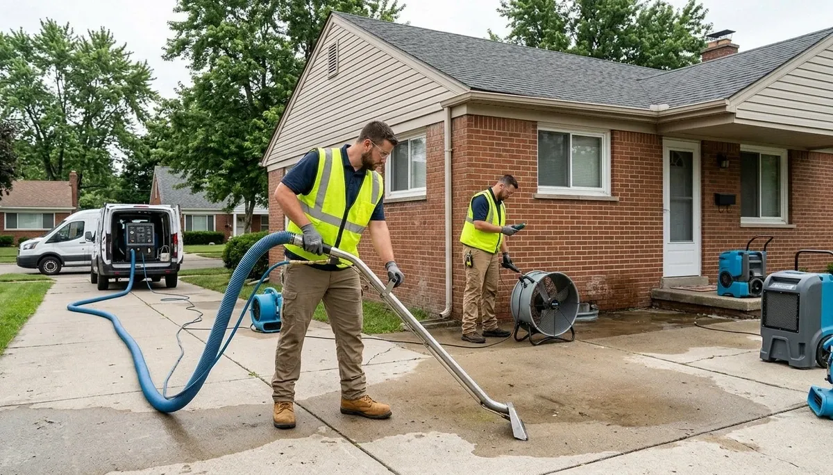 Water damage restoration team in Canton, MI, inspecting a flooded property for cleanup and repair